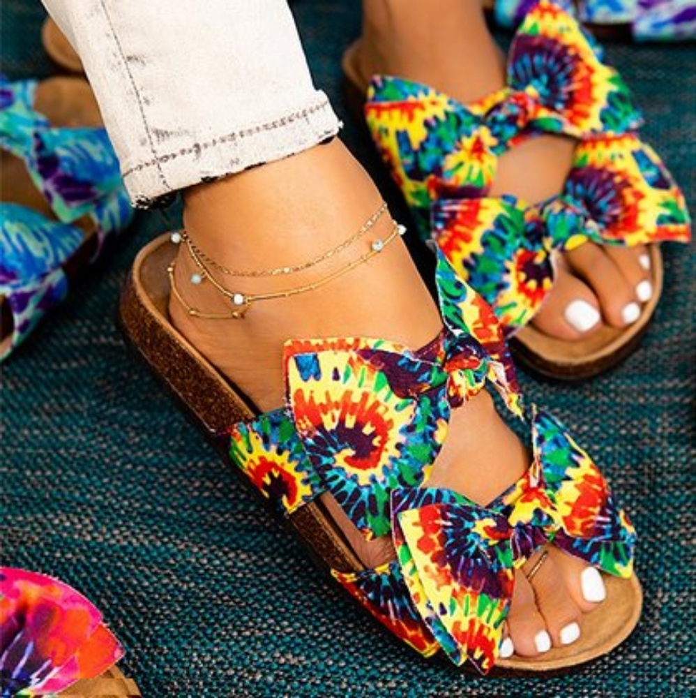💦MATA Boardwalk👣16 Green/Yellow Double Bow Tie Died Sandals